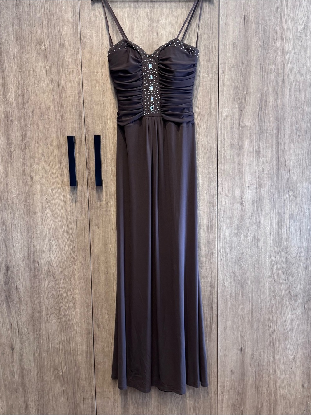 BCBG Paris Y2K Espresso Brown Rhinestone Sweetheart Neck Flowy Maxi Dress S